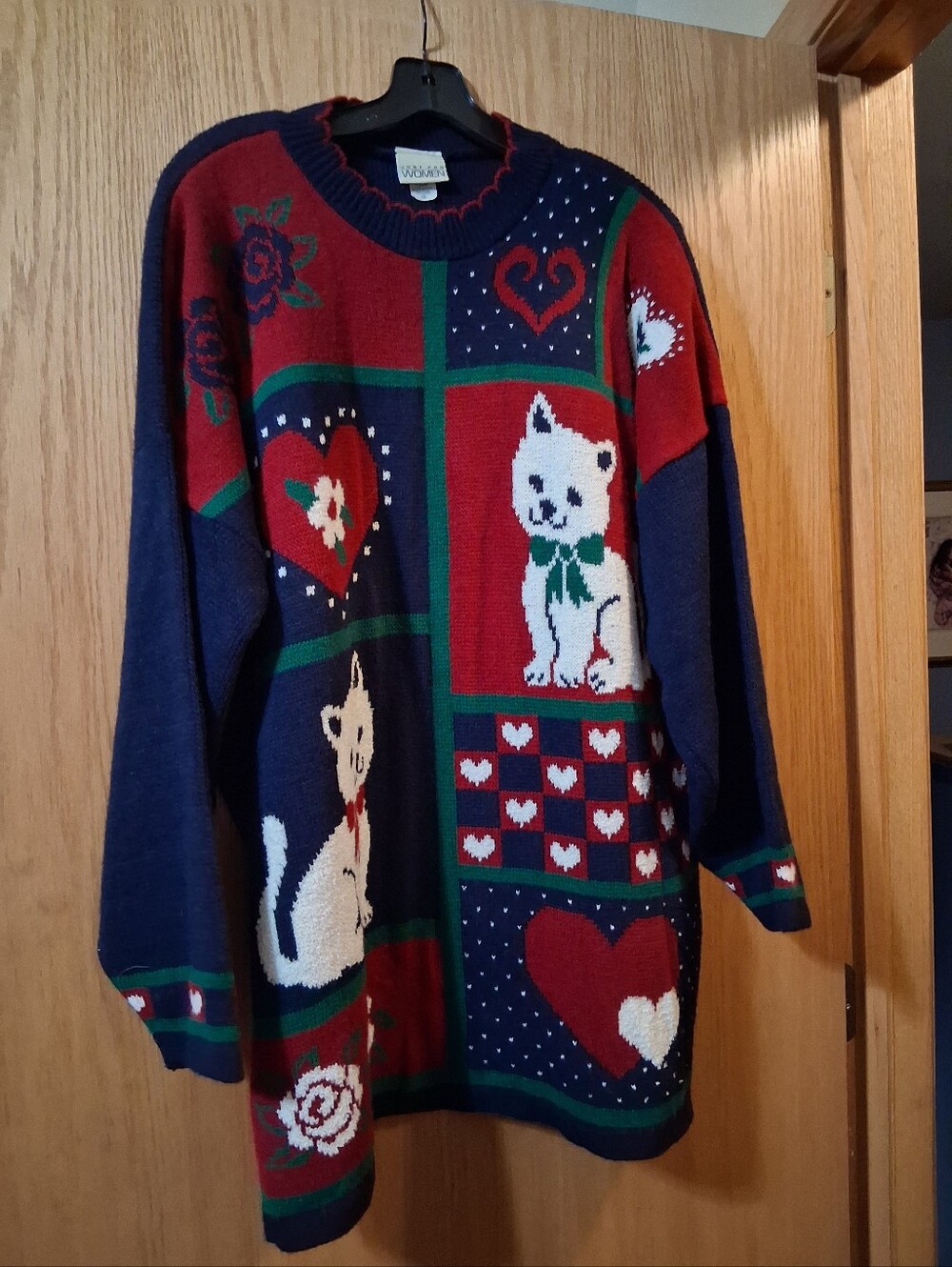 Vintage Novelty Cat Patchwork Sweater - Navy & Red Pullover Sz 1X, Made USA